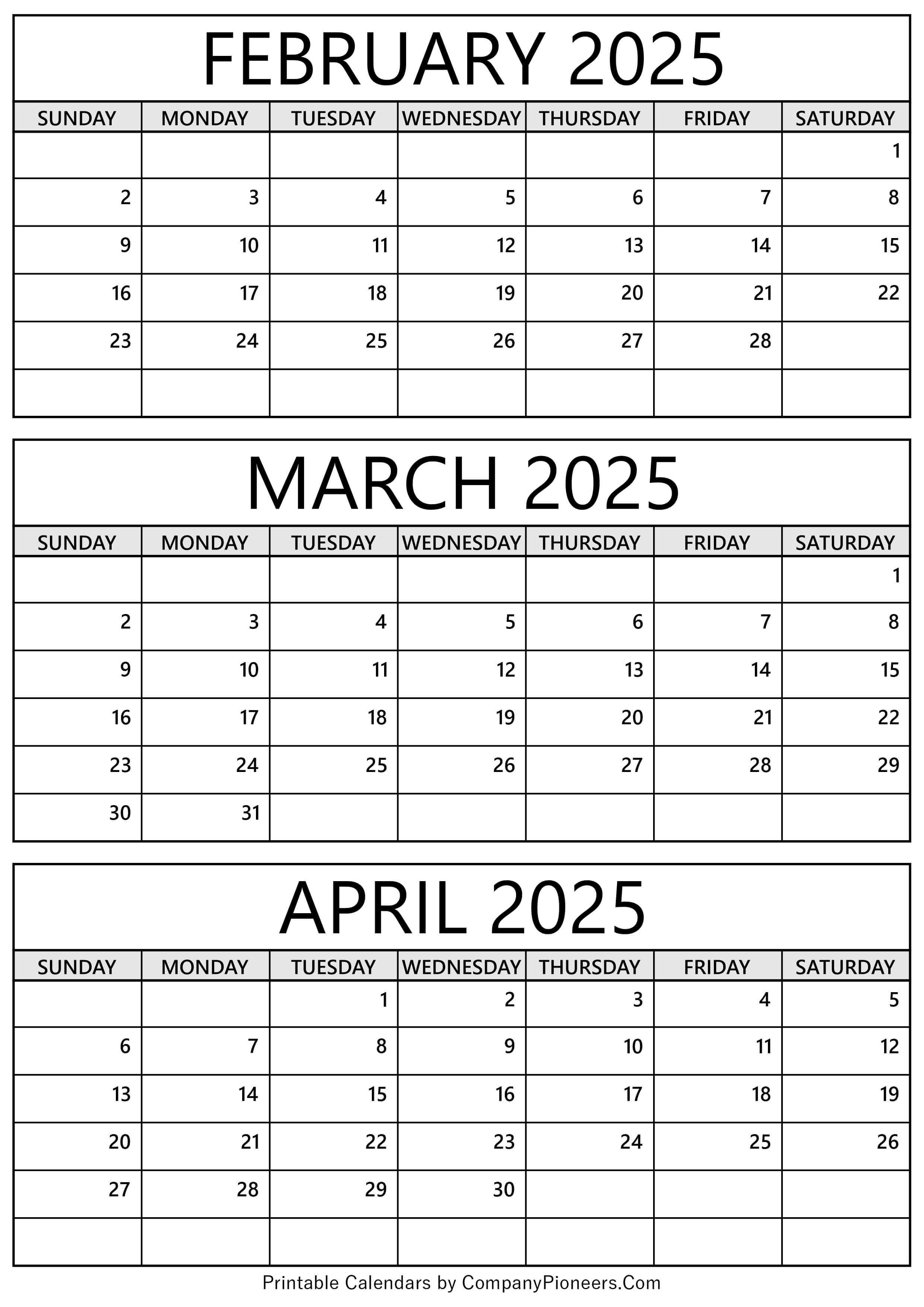 February to April 2025 Calendar