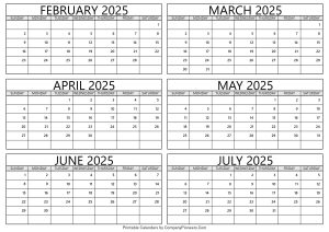 February to July 2025 Calendar