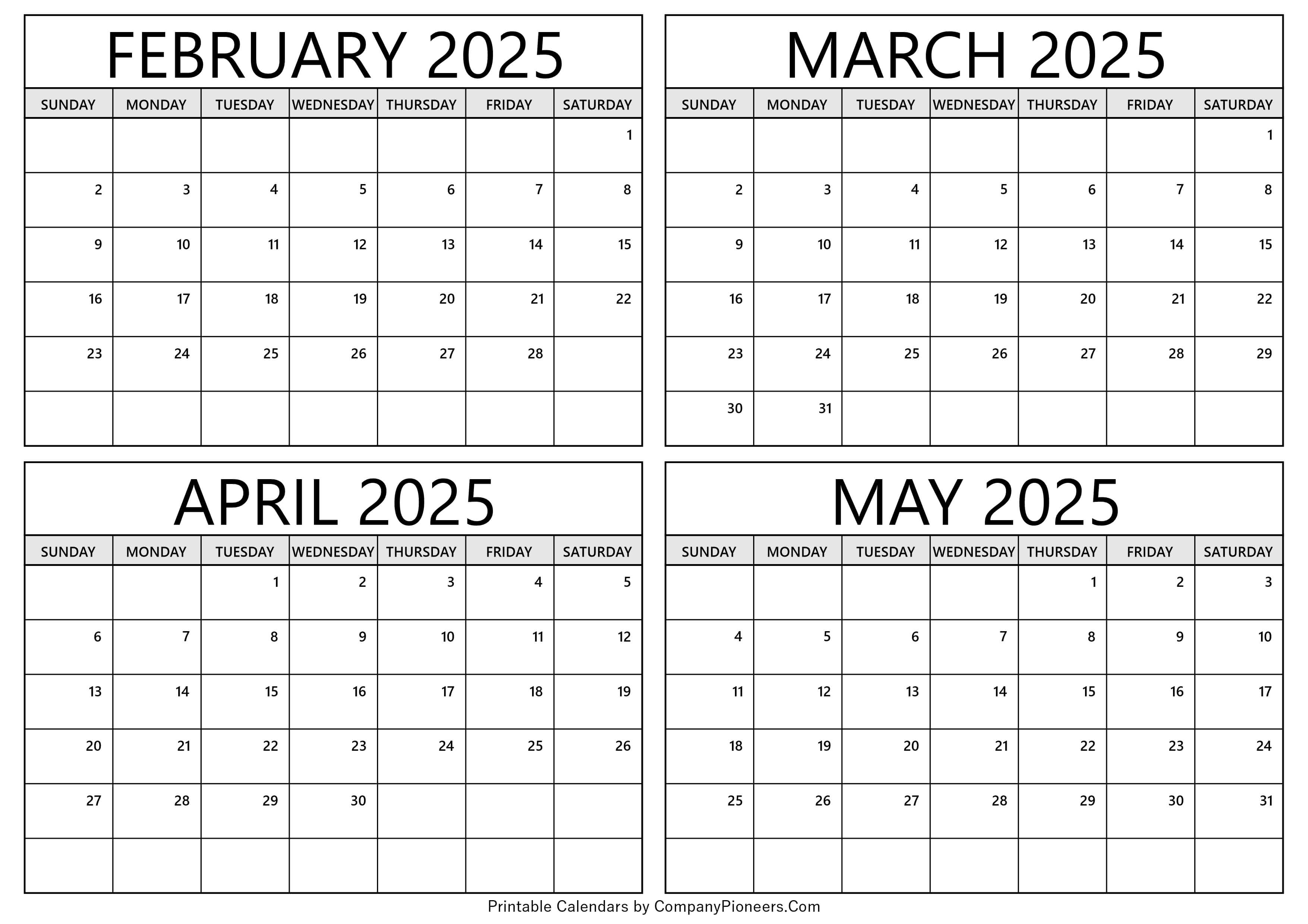 February to May 2025 Calendar