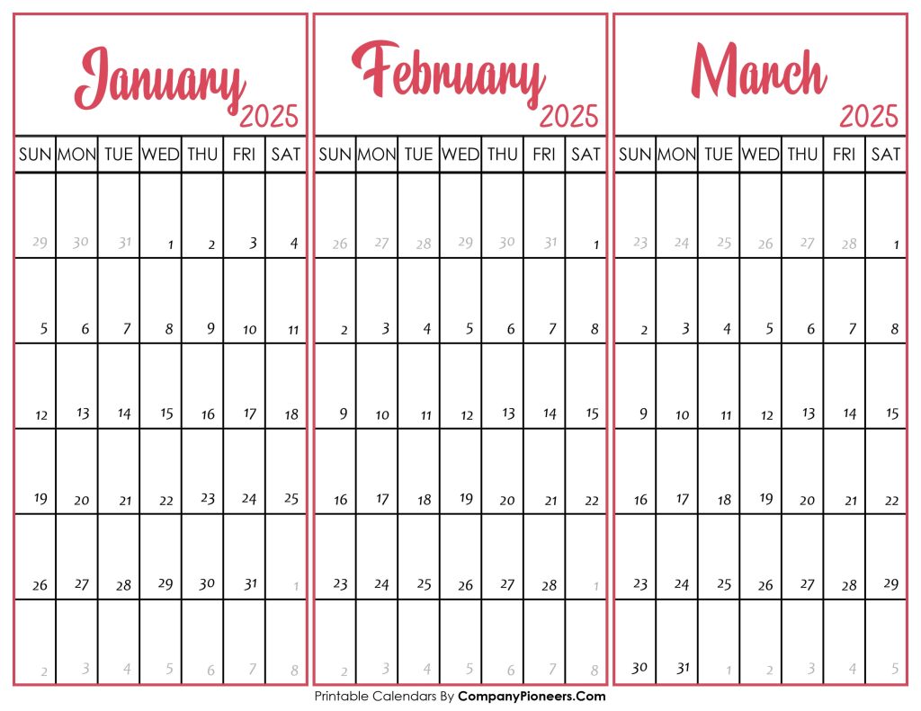 January February March 2025 Calendar Printable - Template