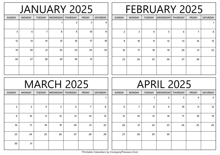 January to April 2025 Calendar Printable Template