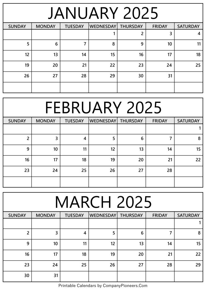 January February March 2025 Calendar Printable - Template