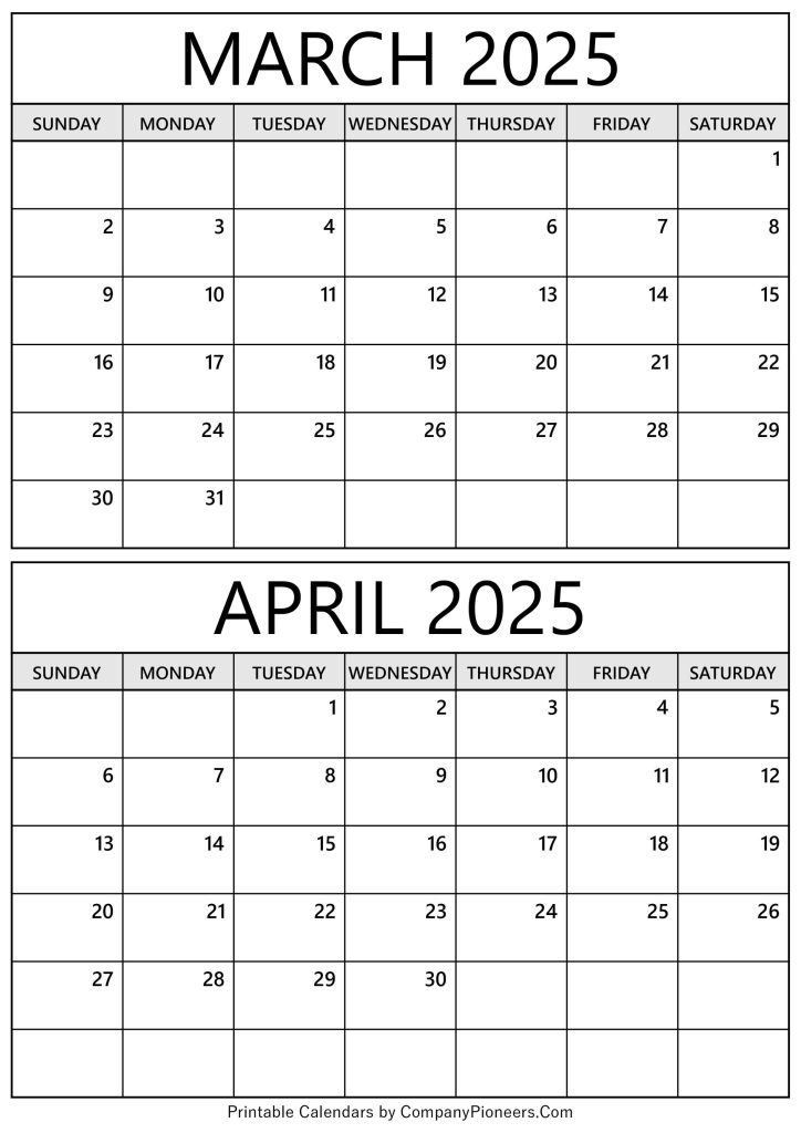 March April 2025 Calendar Printable Template