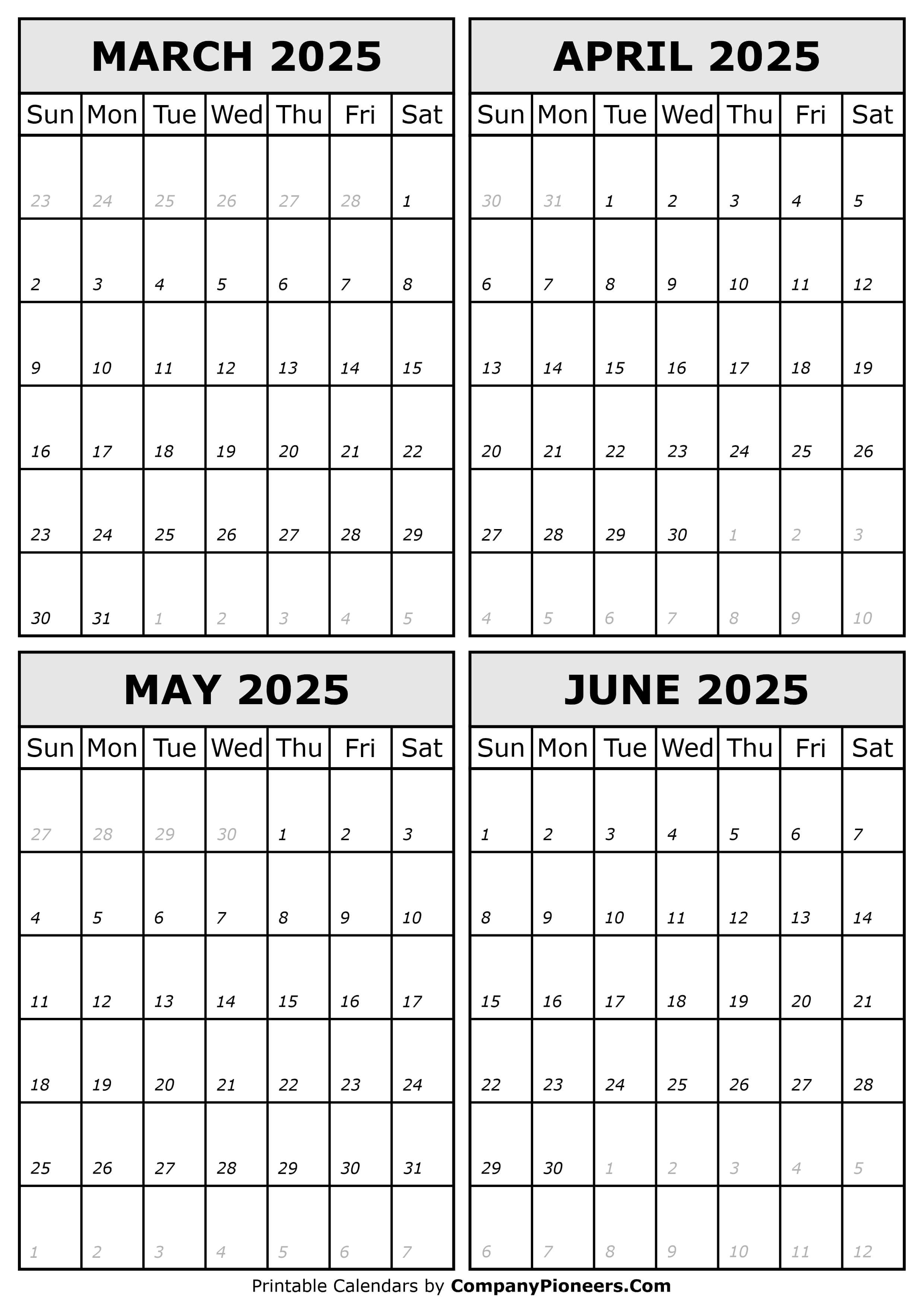 March April May June 2025 Calendar