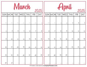 March and April Calendar 2025