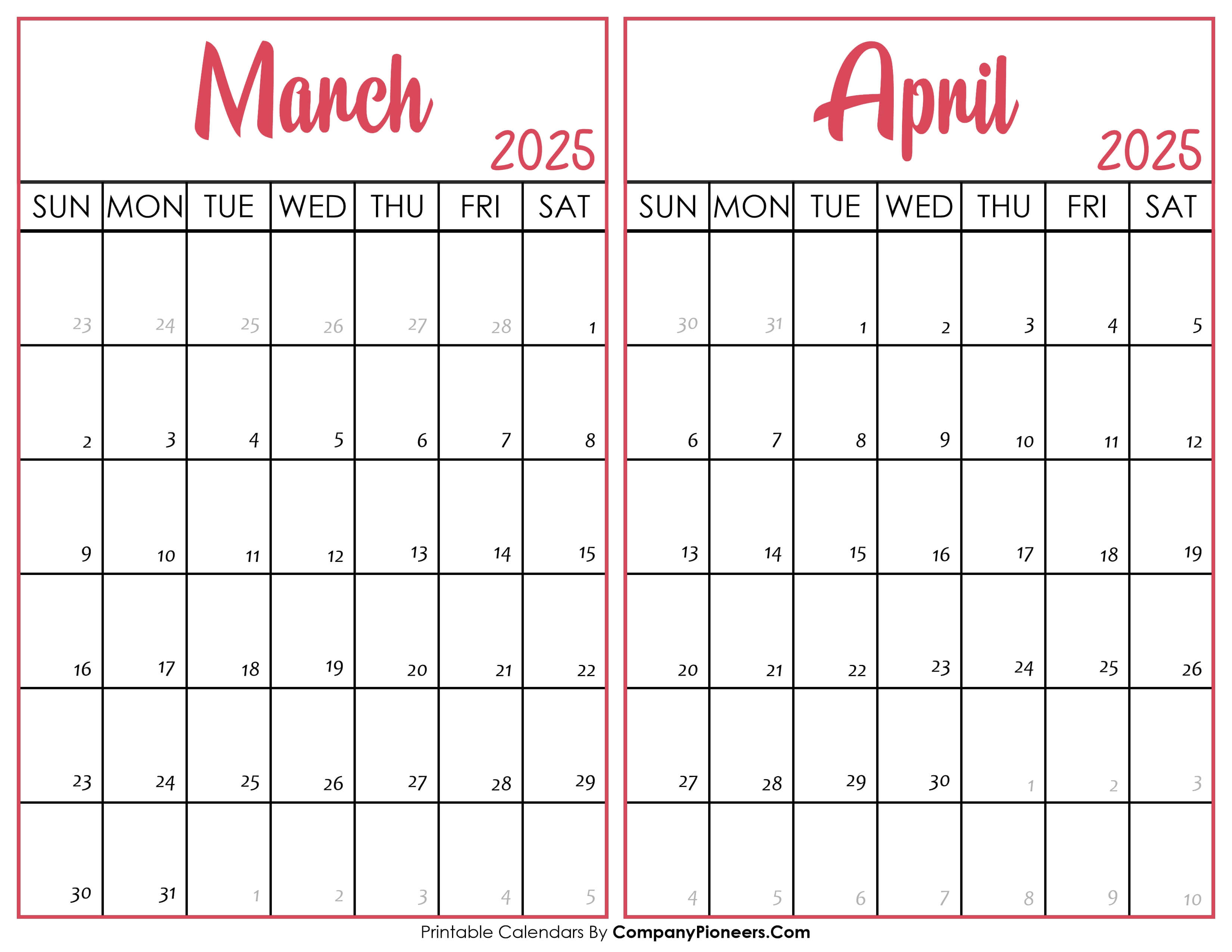 March and April Calendar 2025