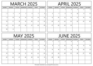 March to June 2025 Calendar