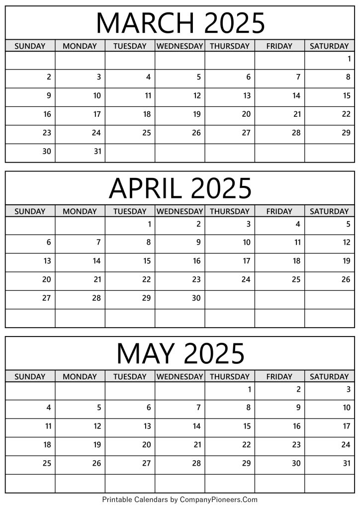 March April May 2025 Calendar Printable Template