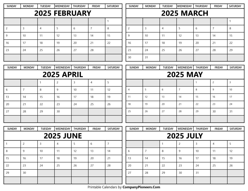 February to July 2025 Calendar Printable Template