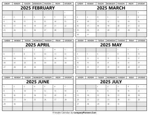 Printable 2025 February to July Calendar