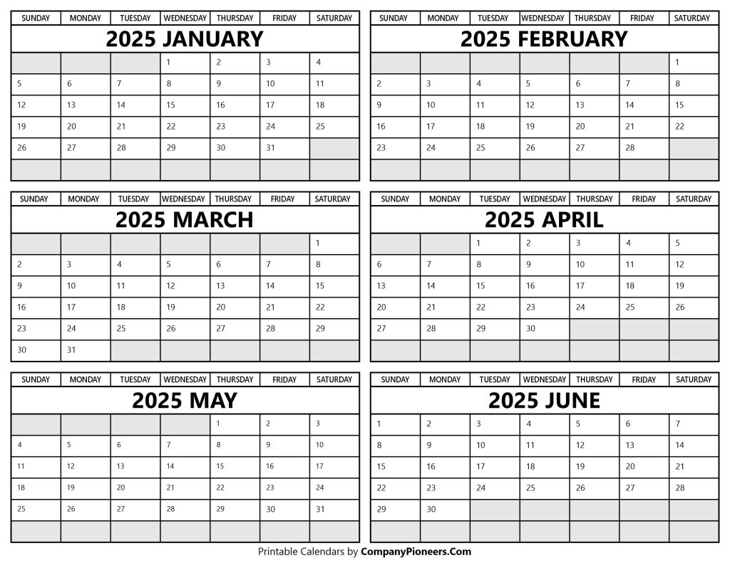 January to June 2025 Calendar Printable Template