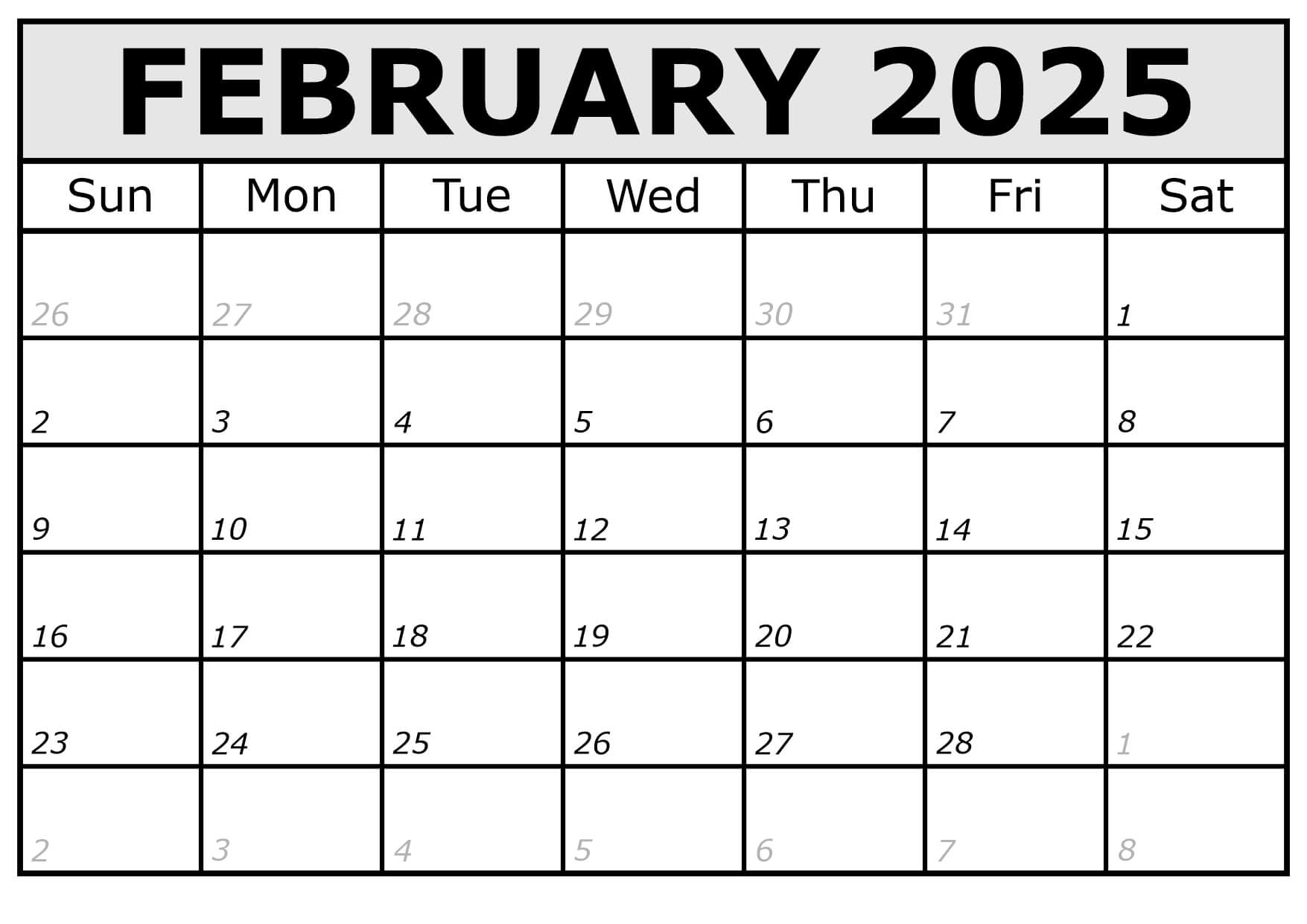 Printable February 2025 Calendar Italic Font