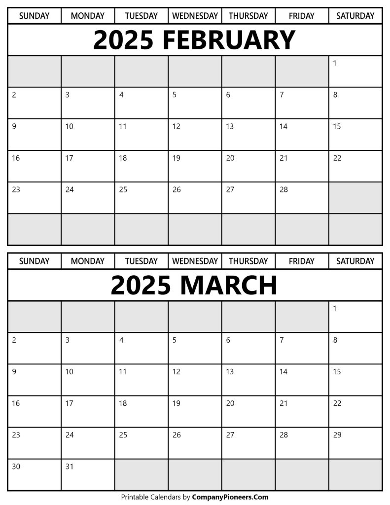 February March 2025 Calendar Printable Template