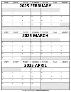 Printable February to April 2025 Calendar