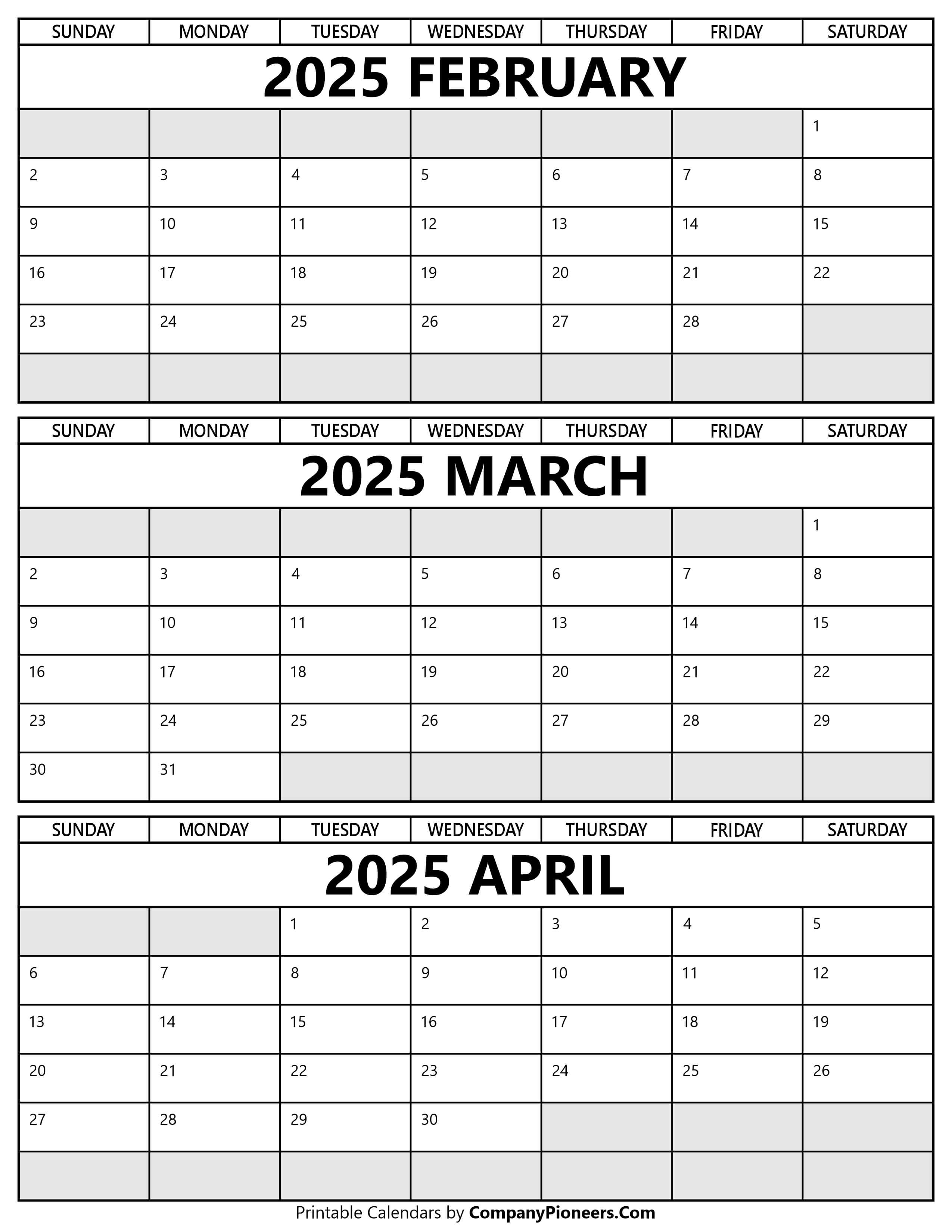 Printable February to April 2025 Calendar