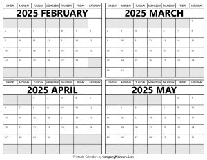 Printable February to May 2025 Calendars