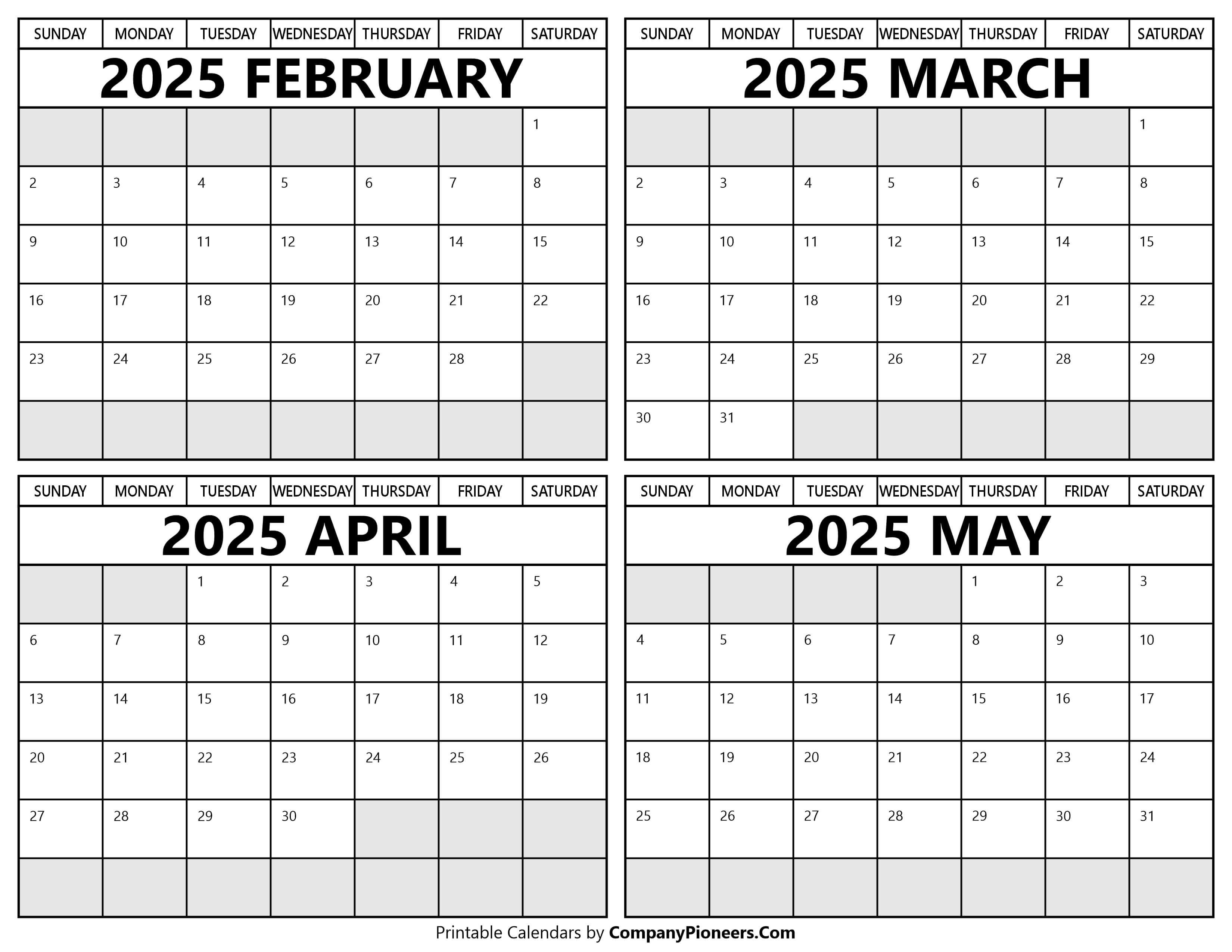 Printable February to May 2025 Calendars