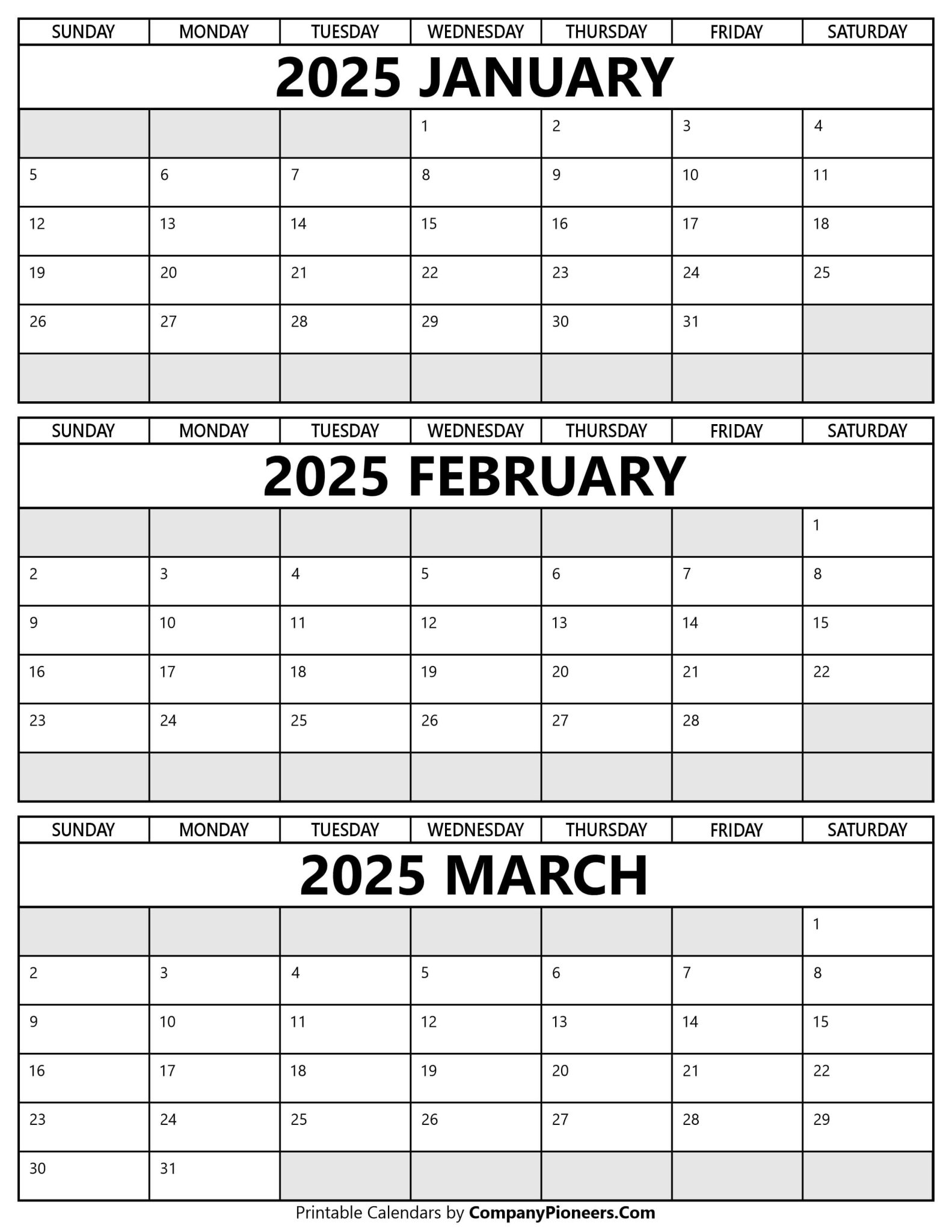 January February March 2025 Calendar Printable Template