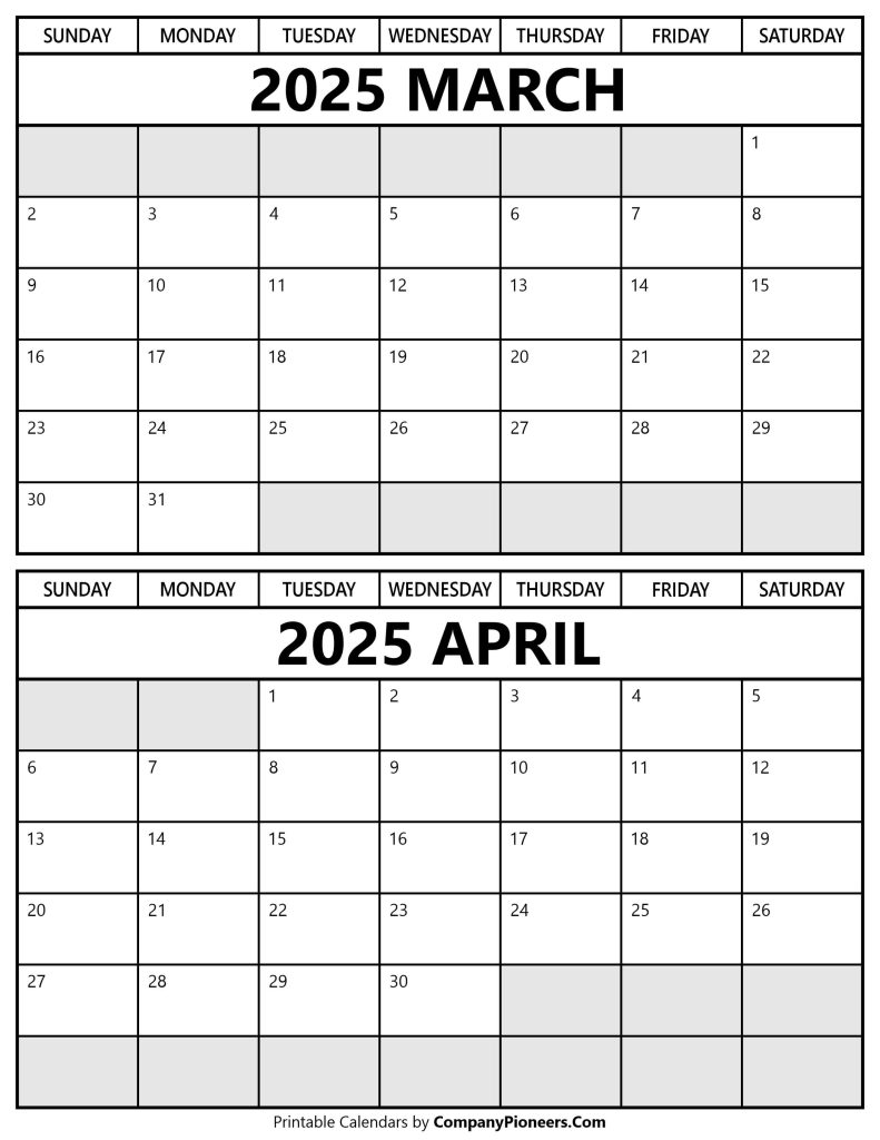 March April 2025 Calendar Printable Template