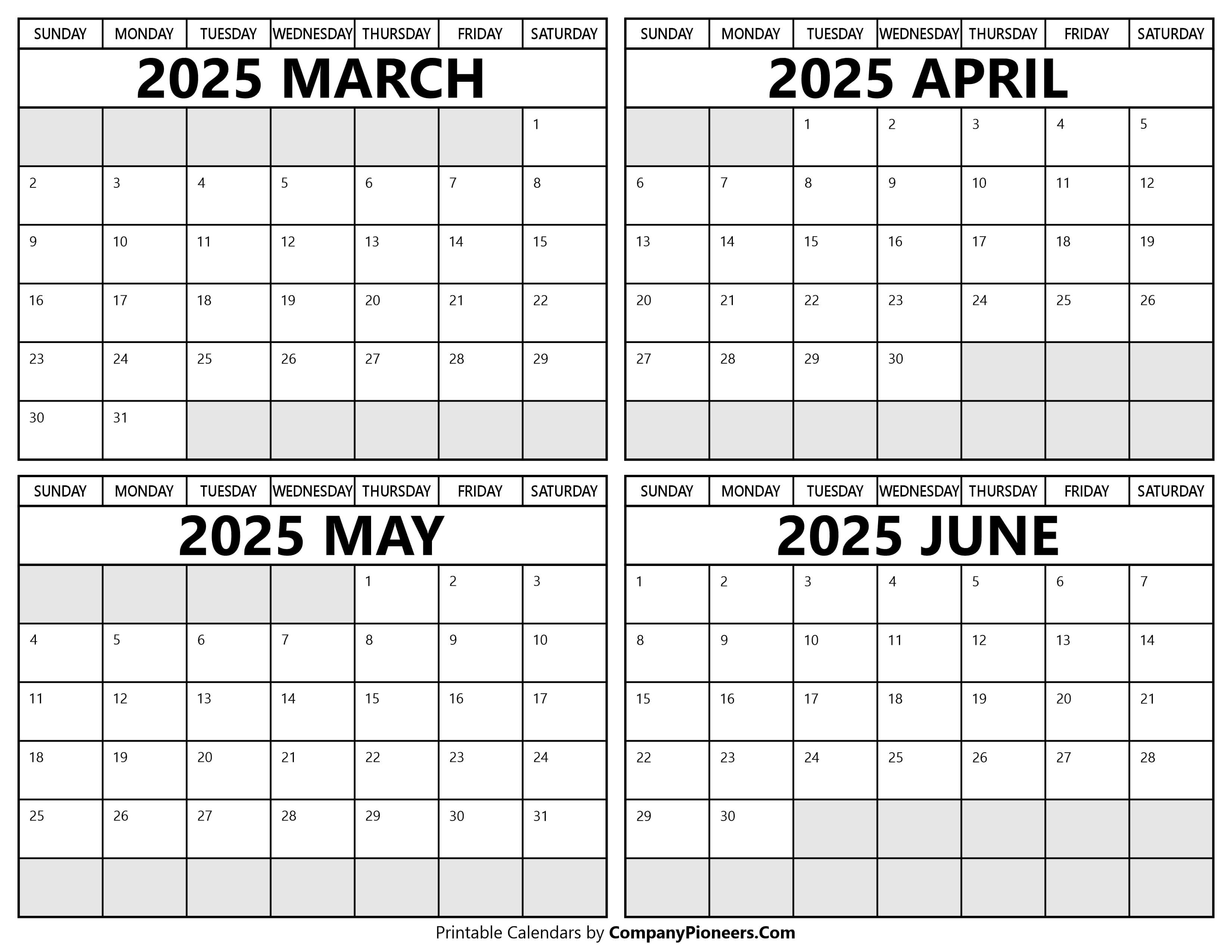 Printable March to June 2025 Calendars