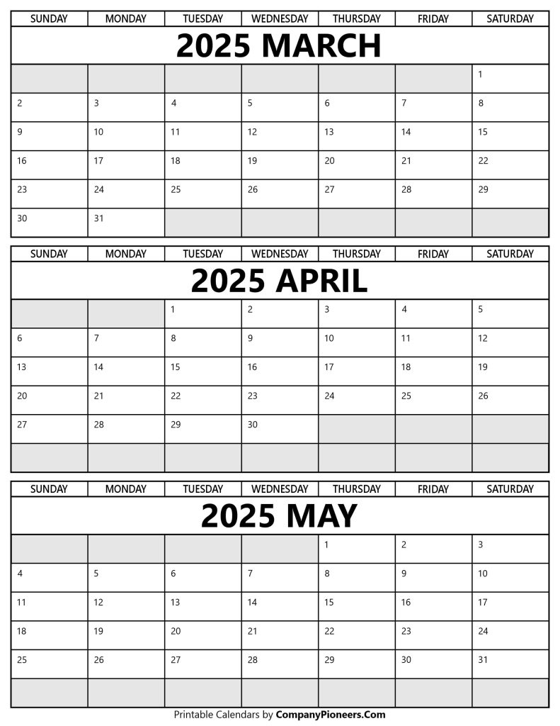 March April May 2025 Calendar Printable Template