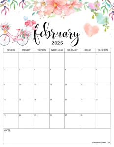 Red Roses Flower February 2025 Calendar with Notes