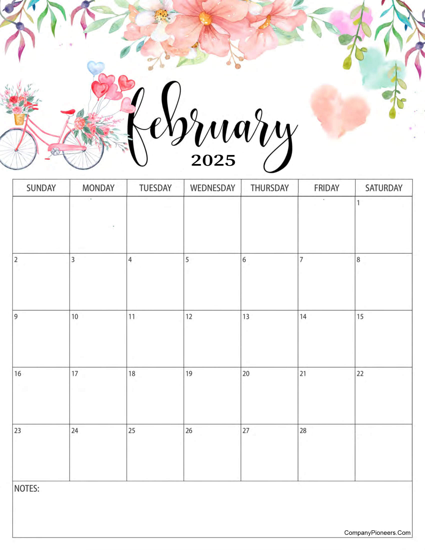 Red Roses Flower February 2025 Calendar with Notes