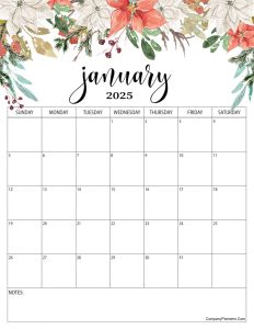 Red Roses Flower January 2025 Calendar with Notes