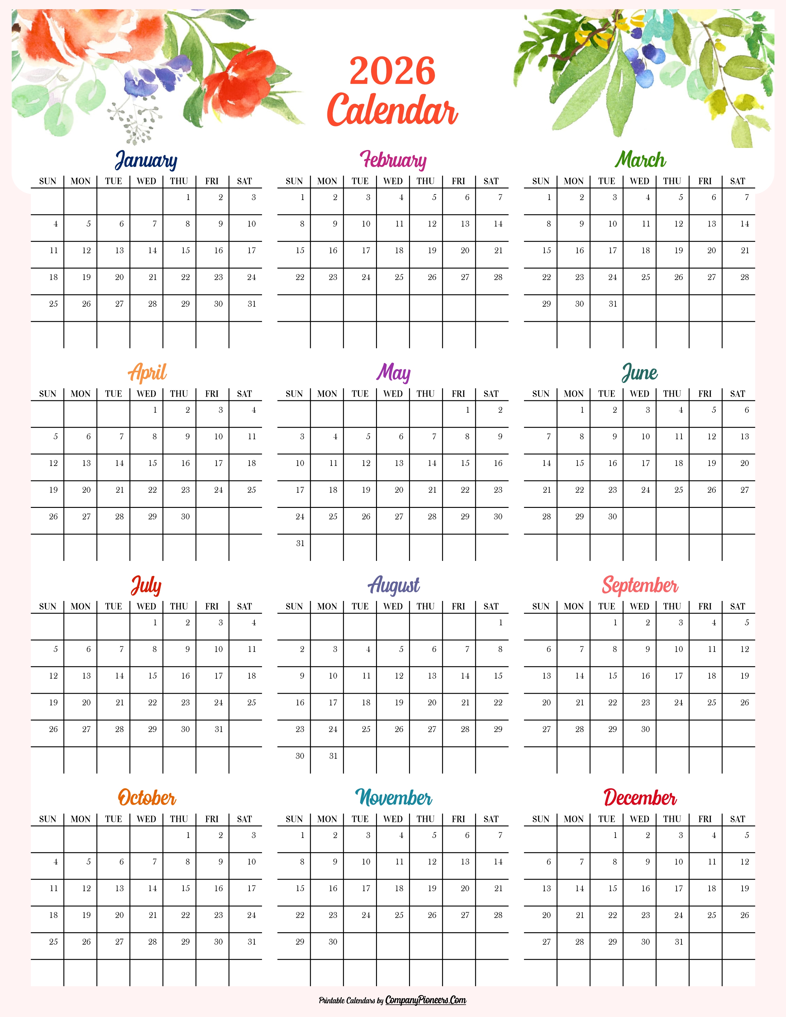 2026 Calendar Floral