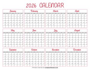 2026 Calendar Printable Pink Header