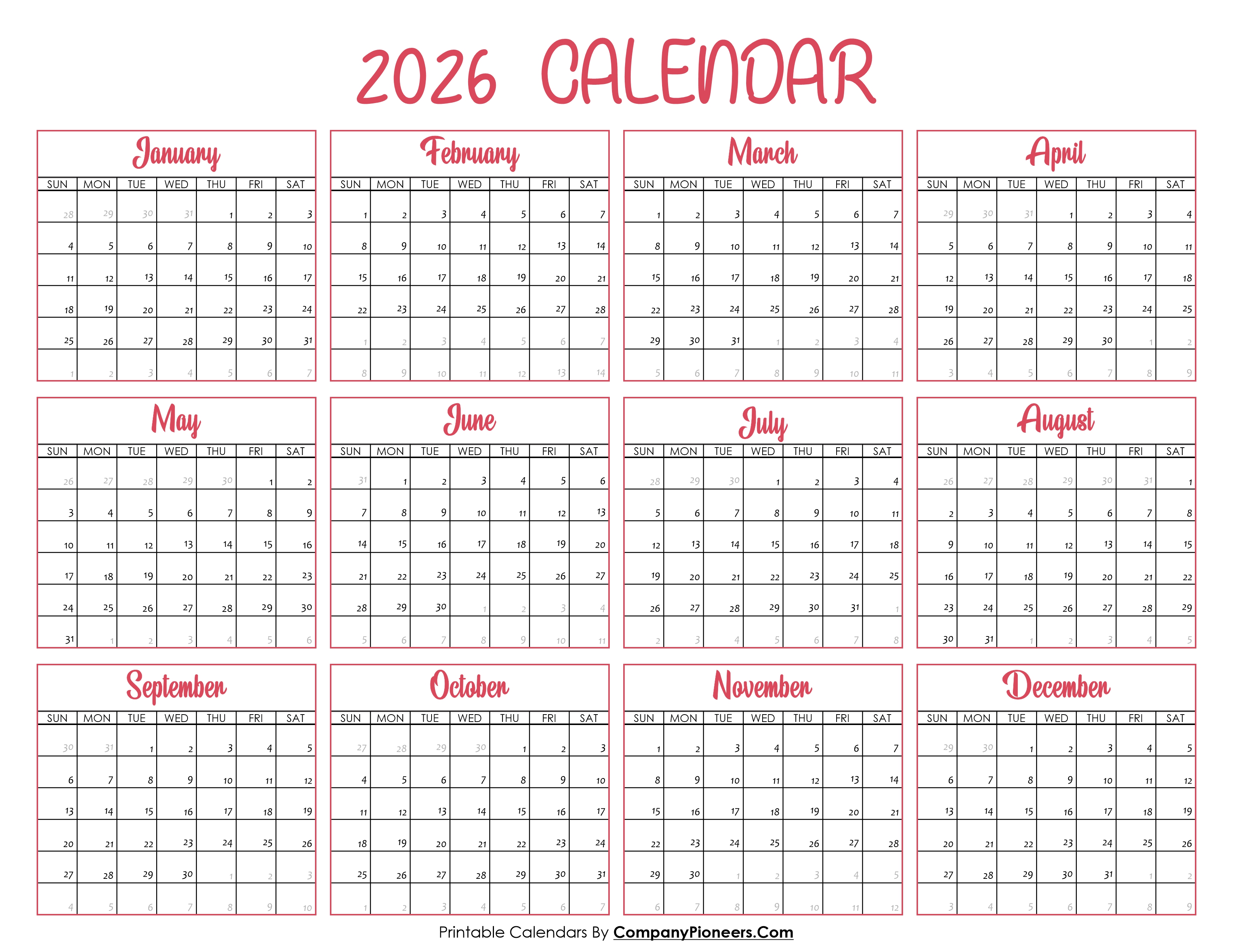 2026 Calendar Printable Pink Header