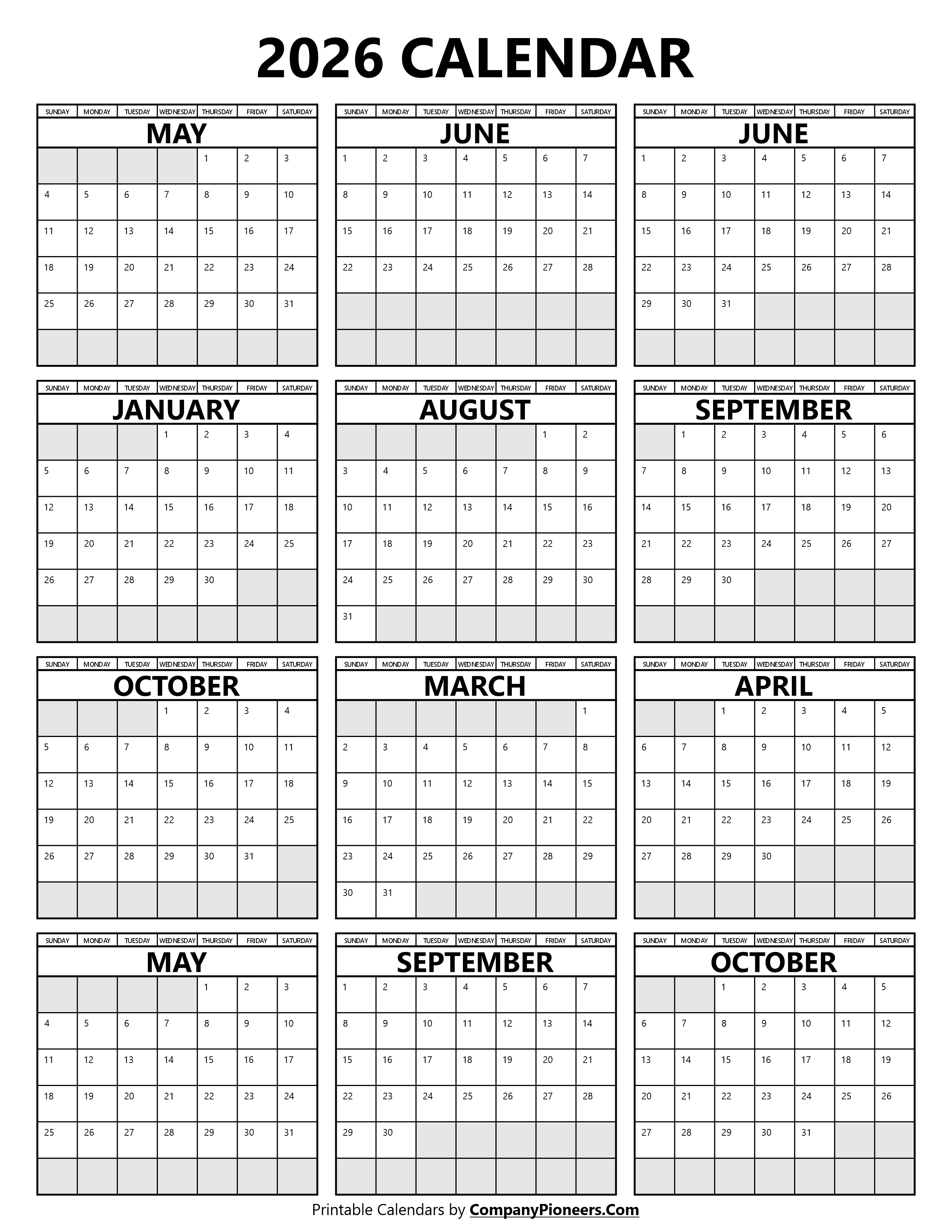 2026 Calendar Segoe UI Font
