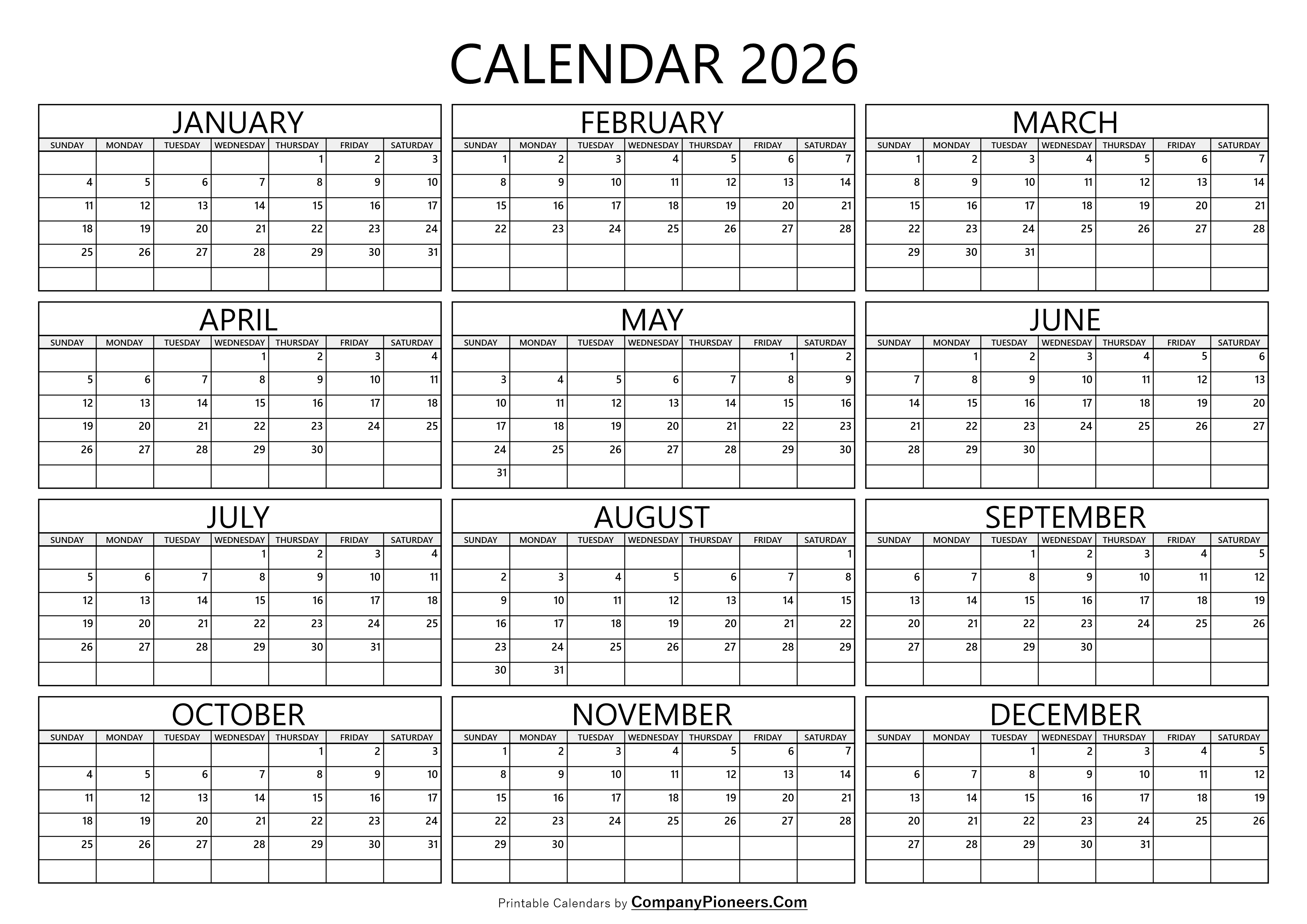 2026 Calendar Template Blank