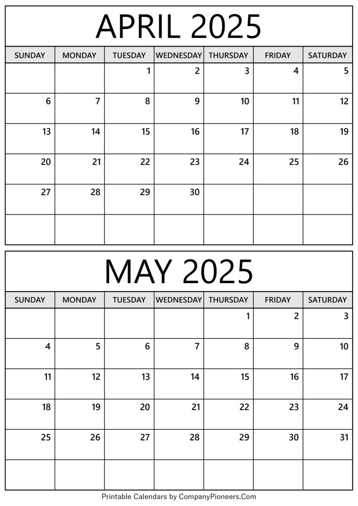 April May 2025 Calendar Printable Template