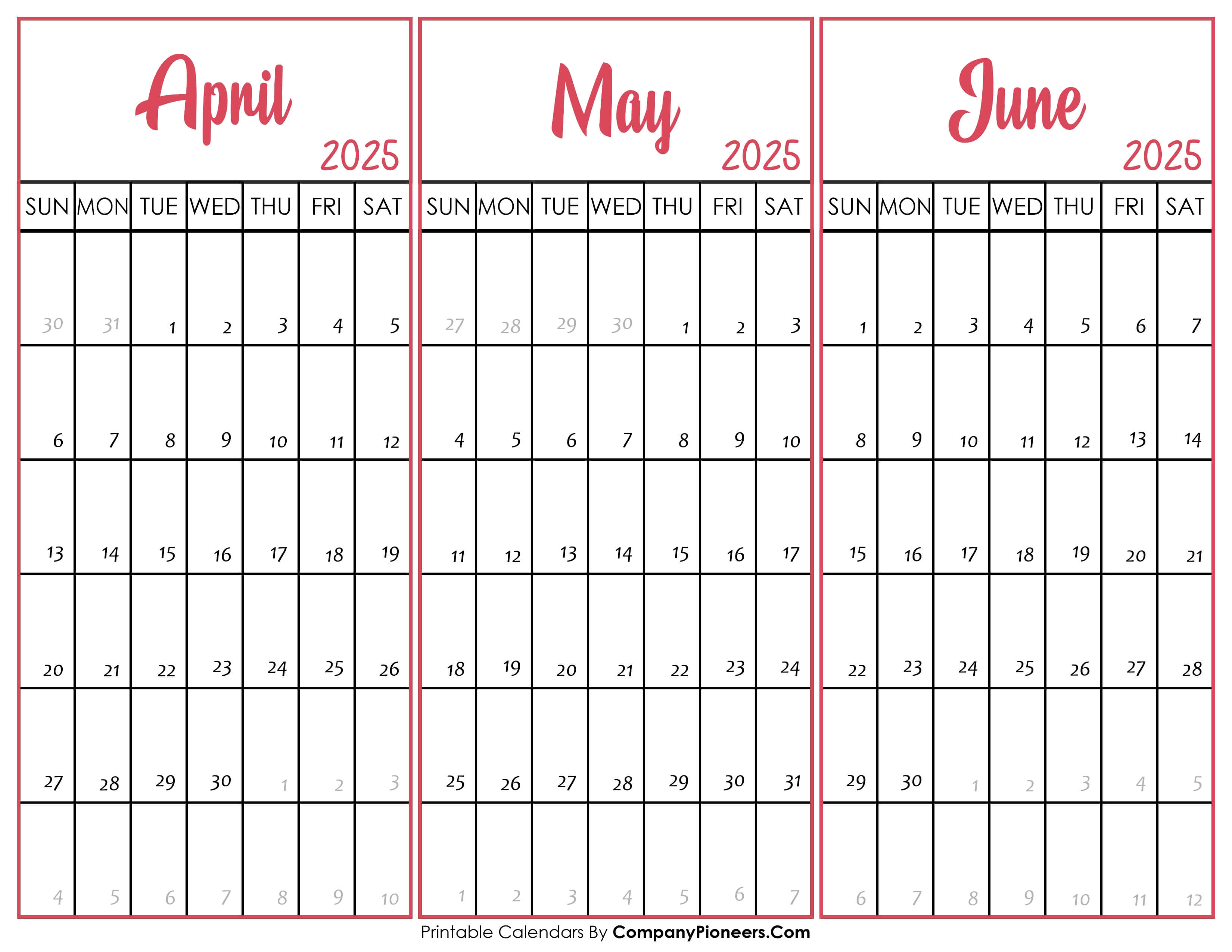 April May and June 2025 Calendar