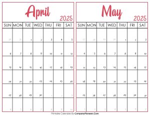 April and May Calendar 2025