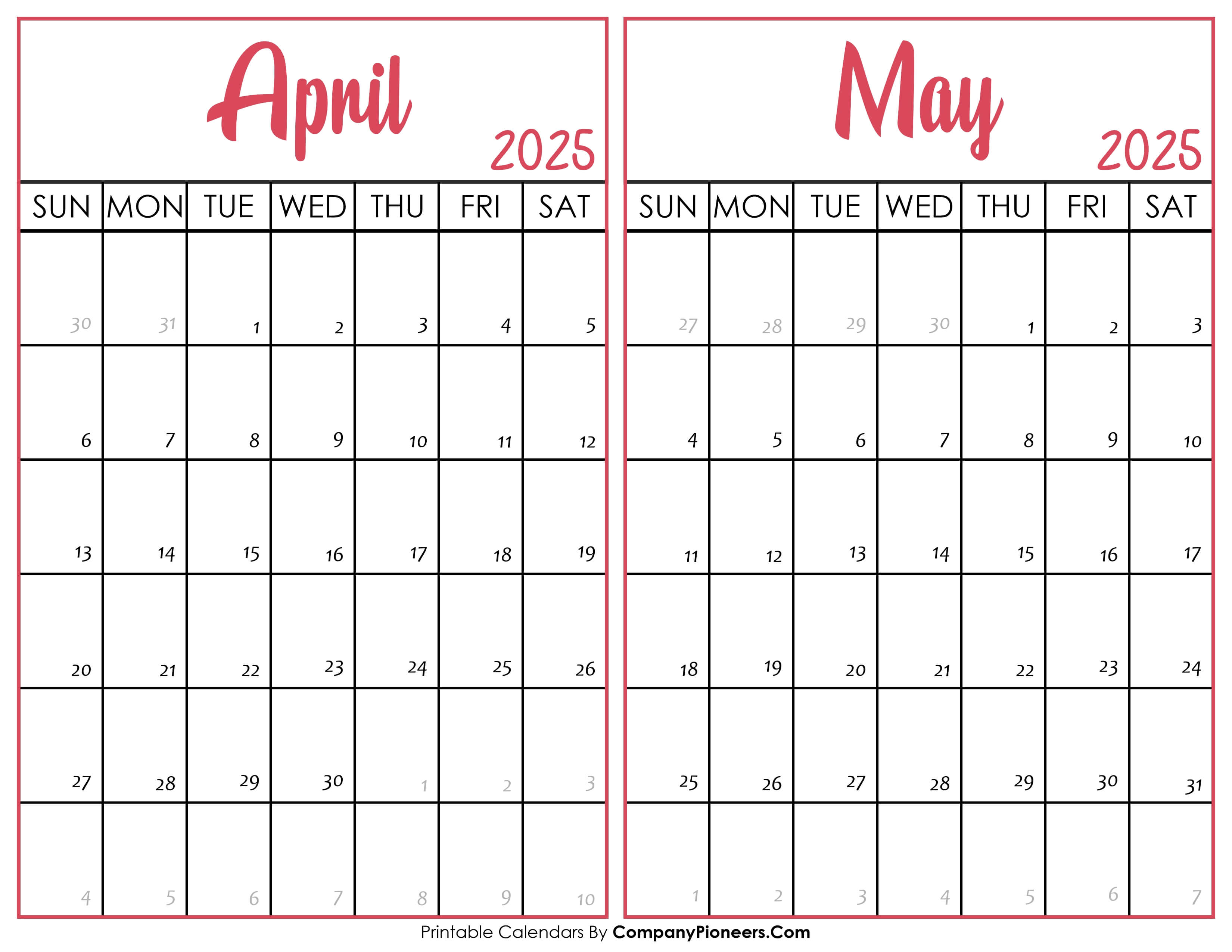 April and May Calendar 2025