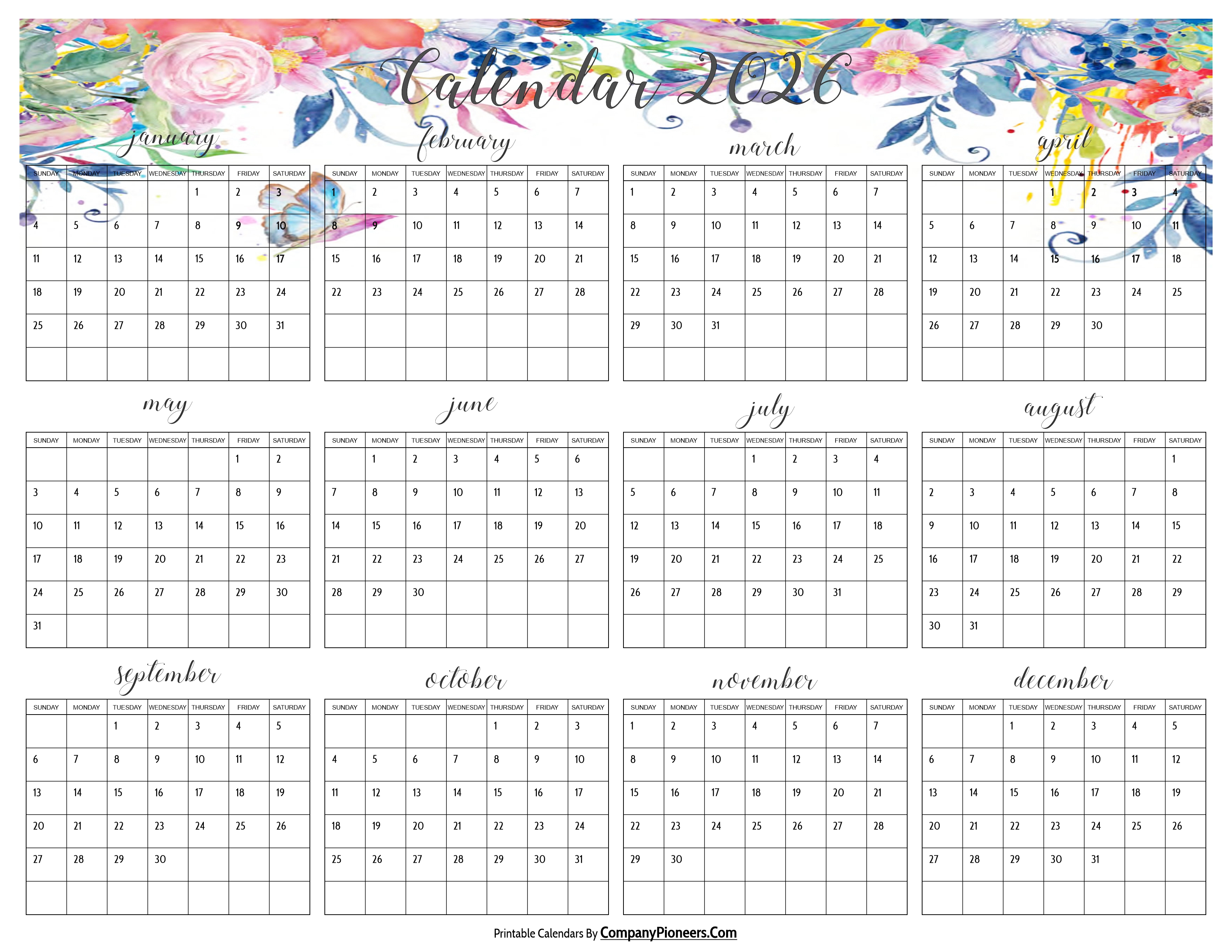 Cute 2026 Calendar Multi Flower