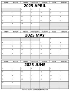 Printable April to June 2025 Calendar