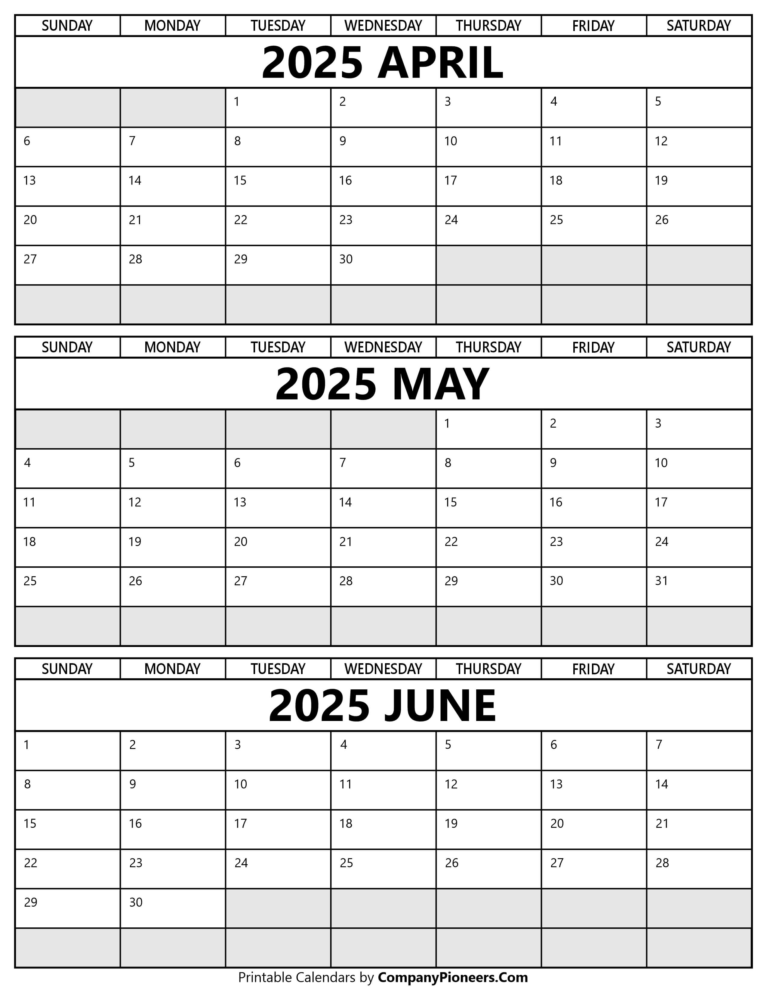 Printable April to June 2025 Calendar