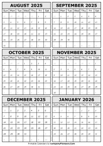 2025 August to 2026 January Calendar