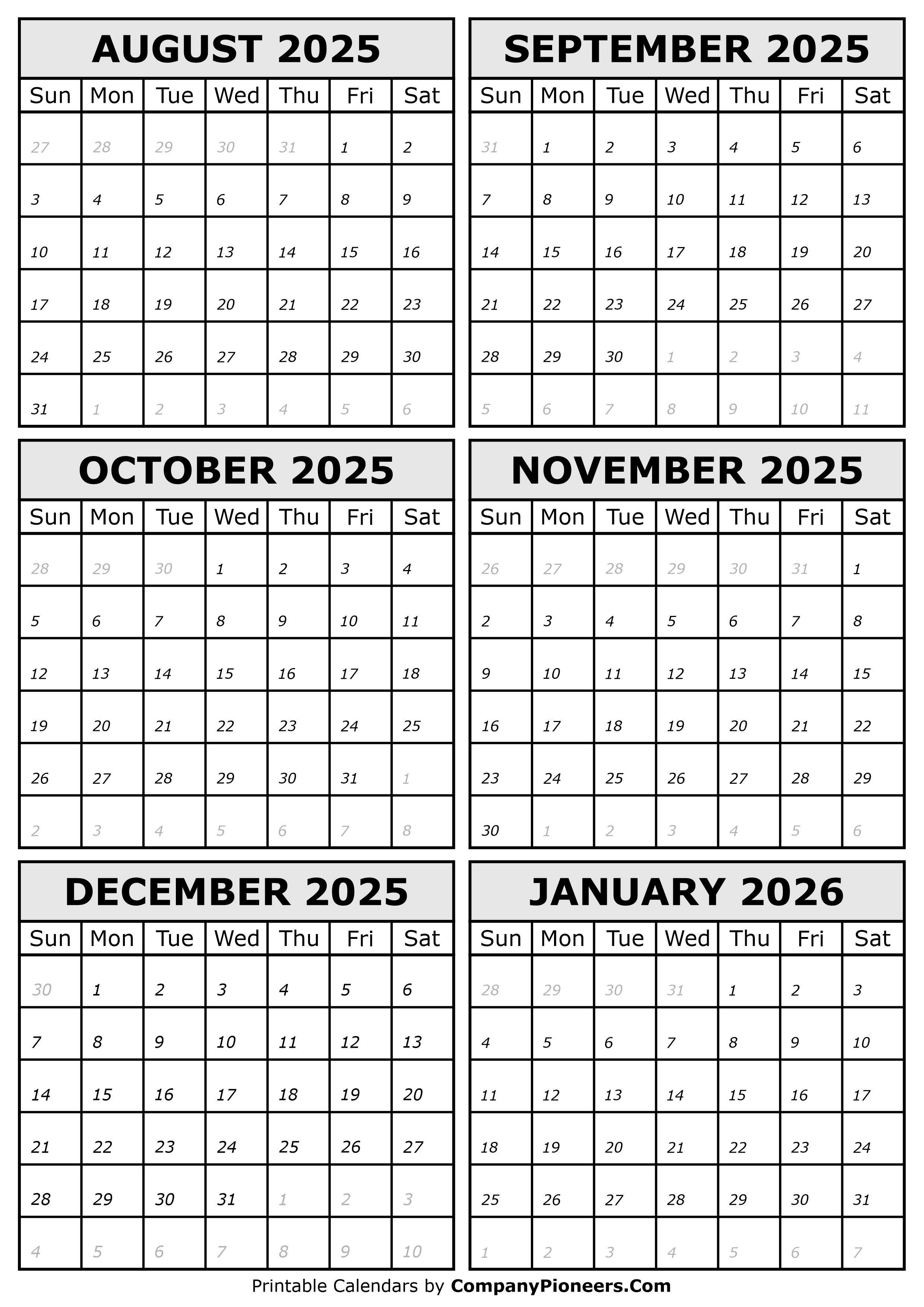 2025 August to 2026 January Calendar