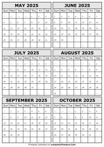 2025 May to October Calendar