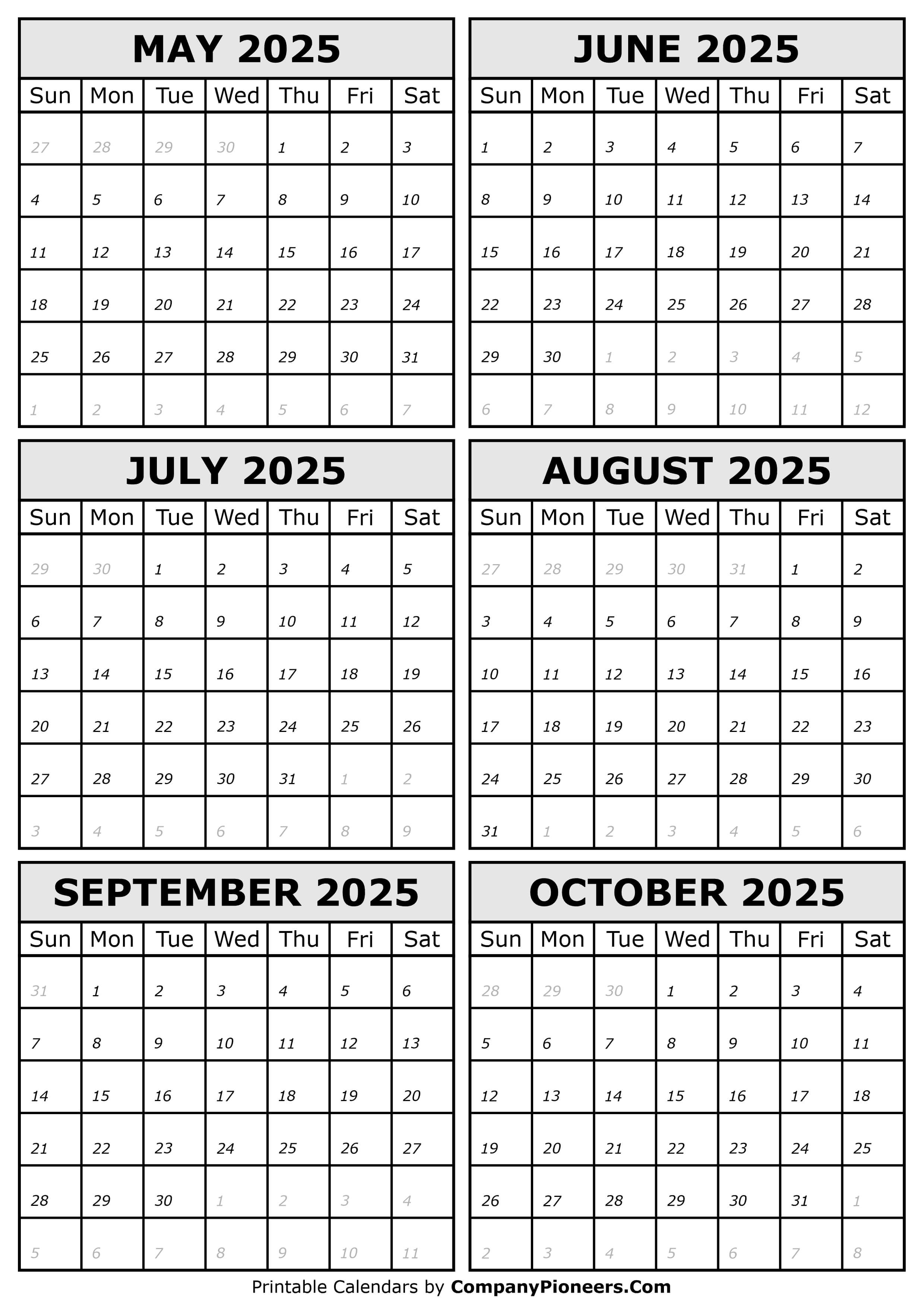 2025 May to October Calendar