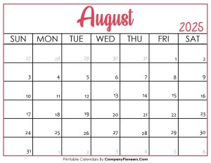 August 2025 Calendar Printable Pink Header