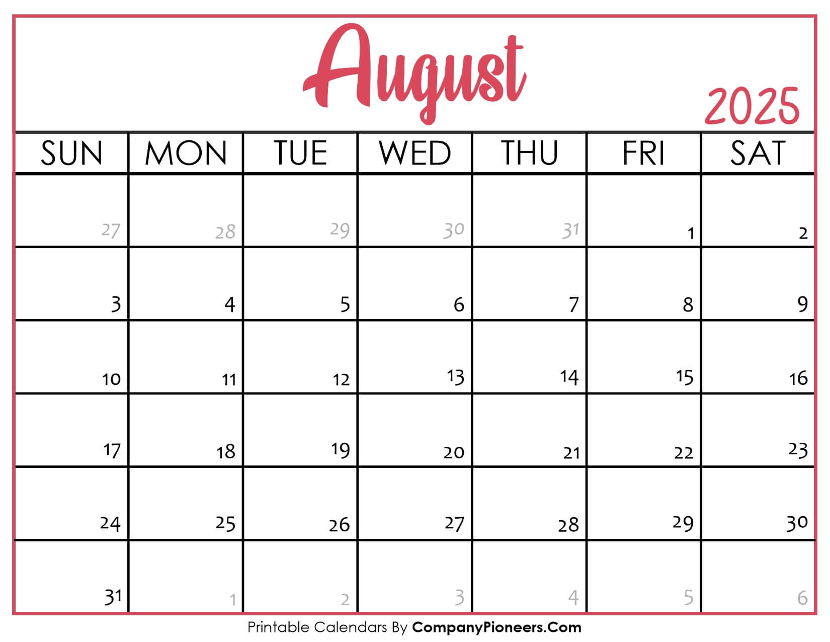 August 2025 Calendar Printable Pink Header