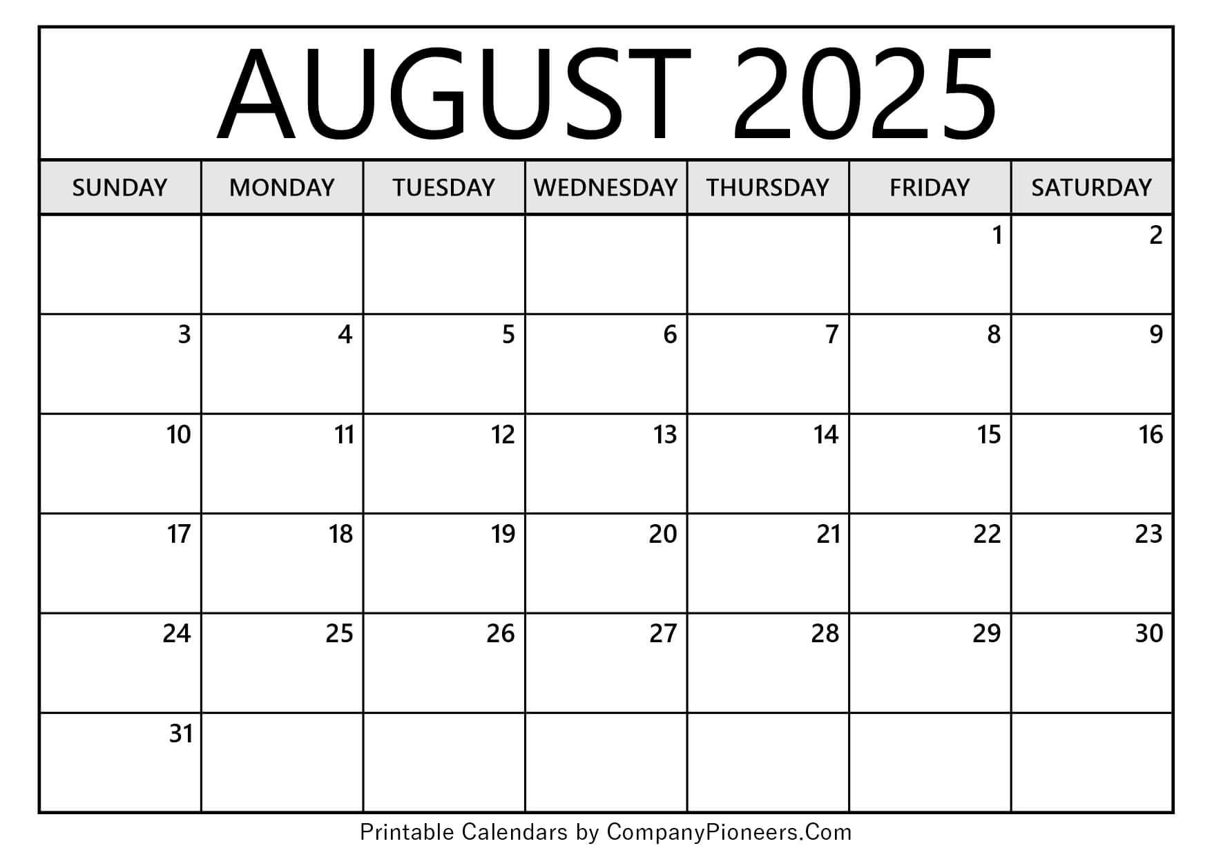 August 2025 Calendar Template Blank