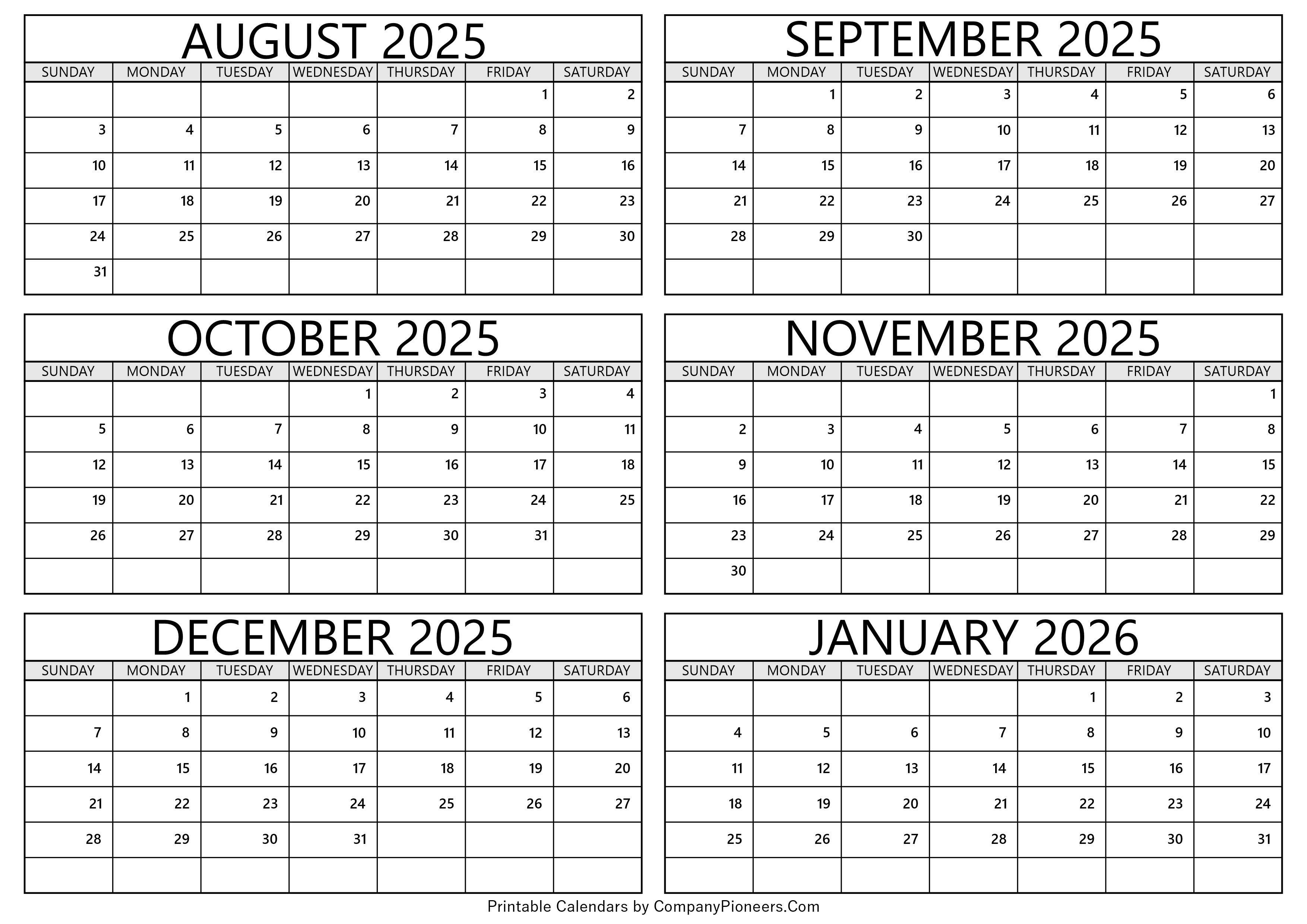 August 2025 to January 2026 Calendar