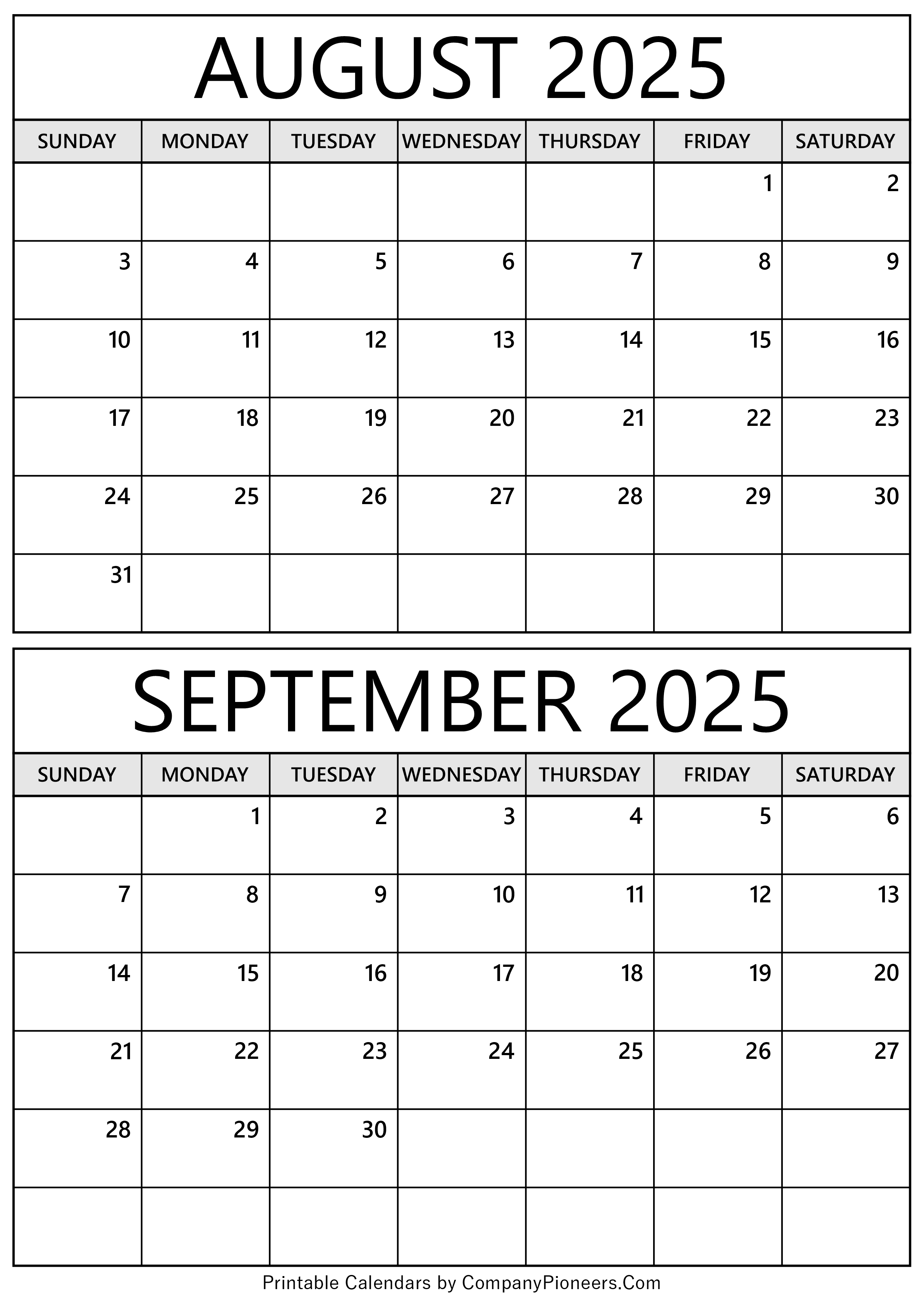 August September 2025 Calendar