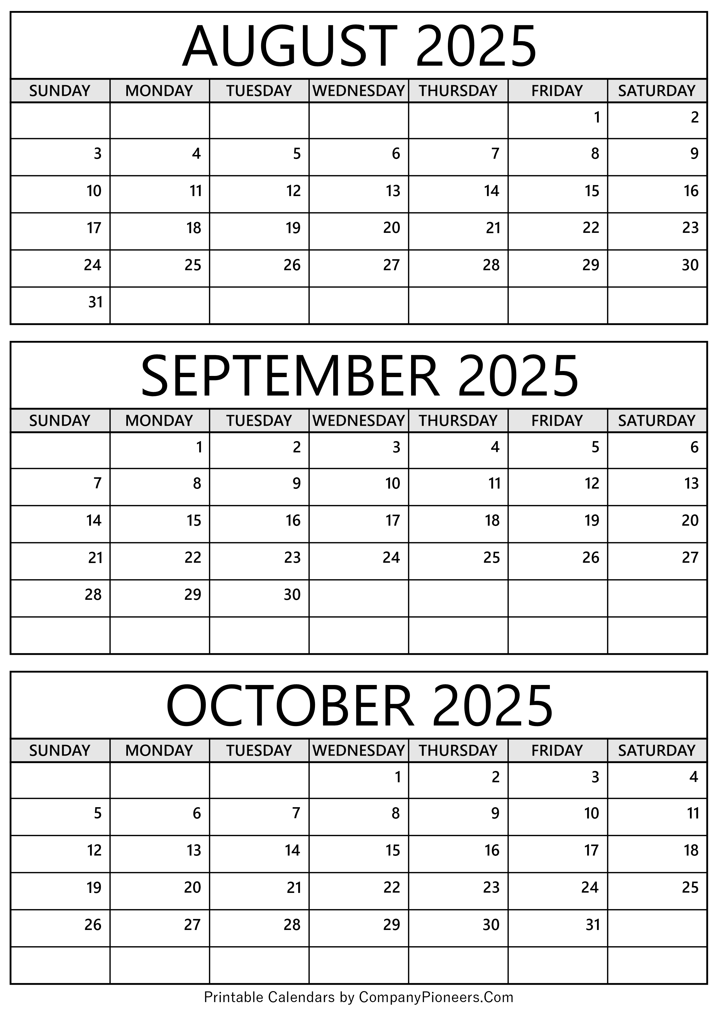 August September October 2025 Calendar